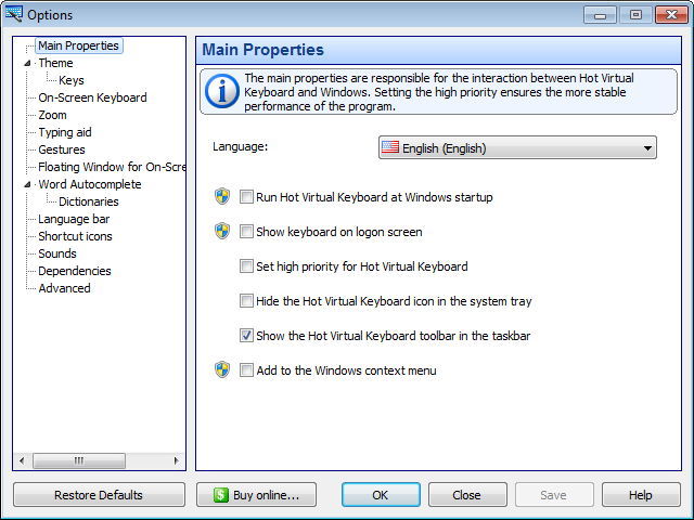 Hot Virtual Keyboard screenshot 3 - The Options window will offer a list of